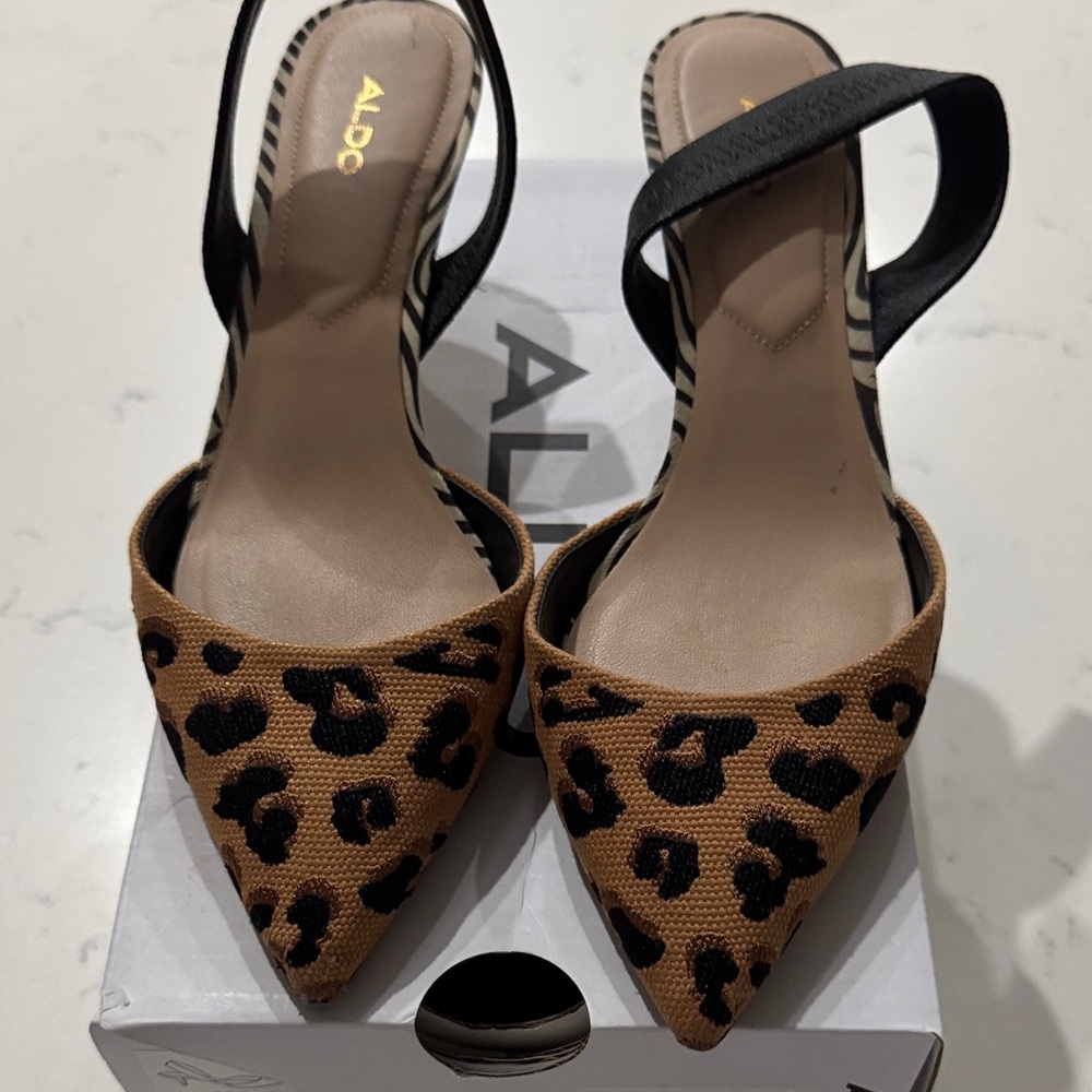 Aldo Leopard Print Heels - Black and Tan